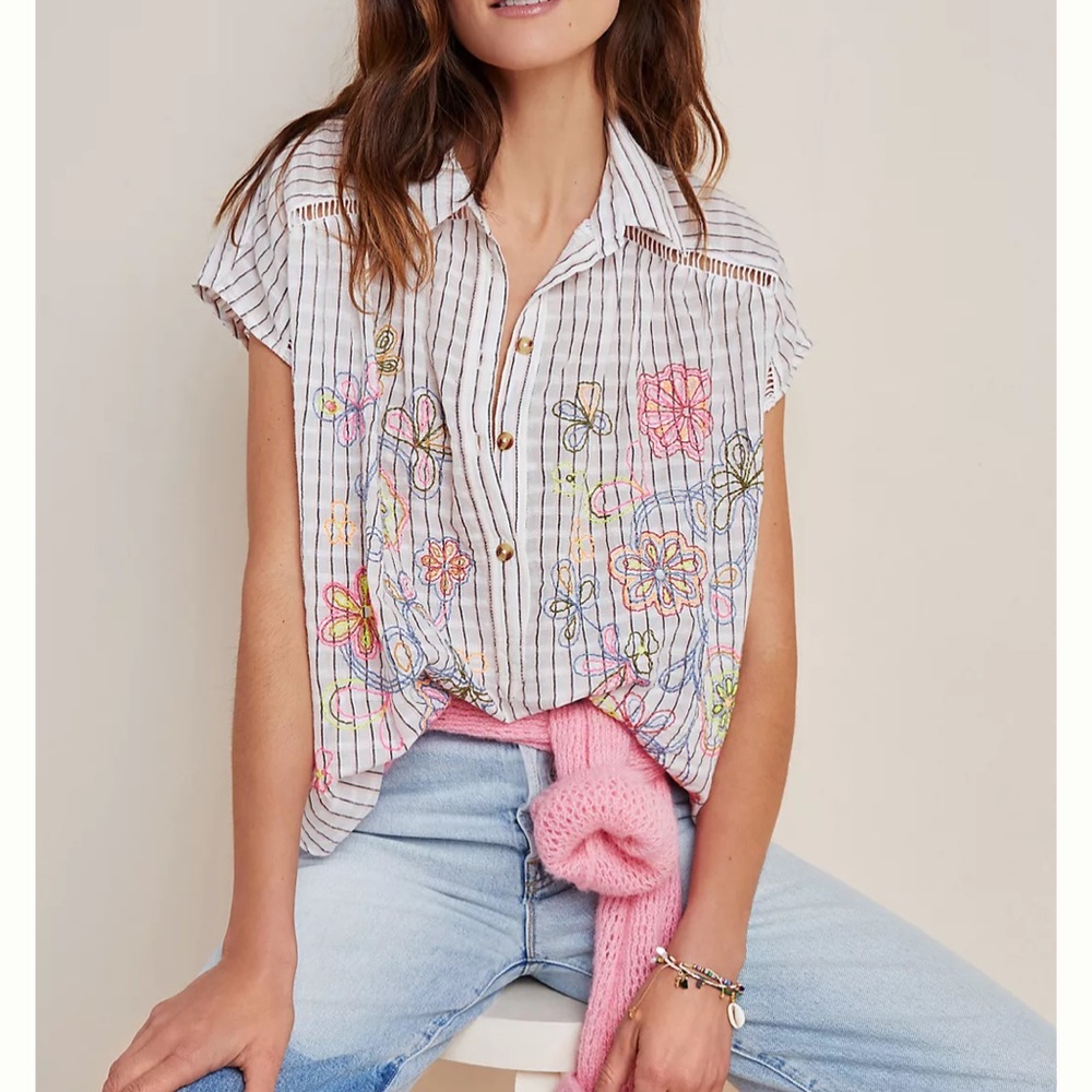 NWT - Anthropologie Pilcro The Serena Surf Henley Blouse, White, Size XS